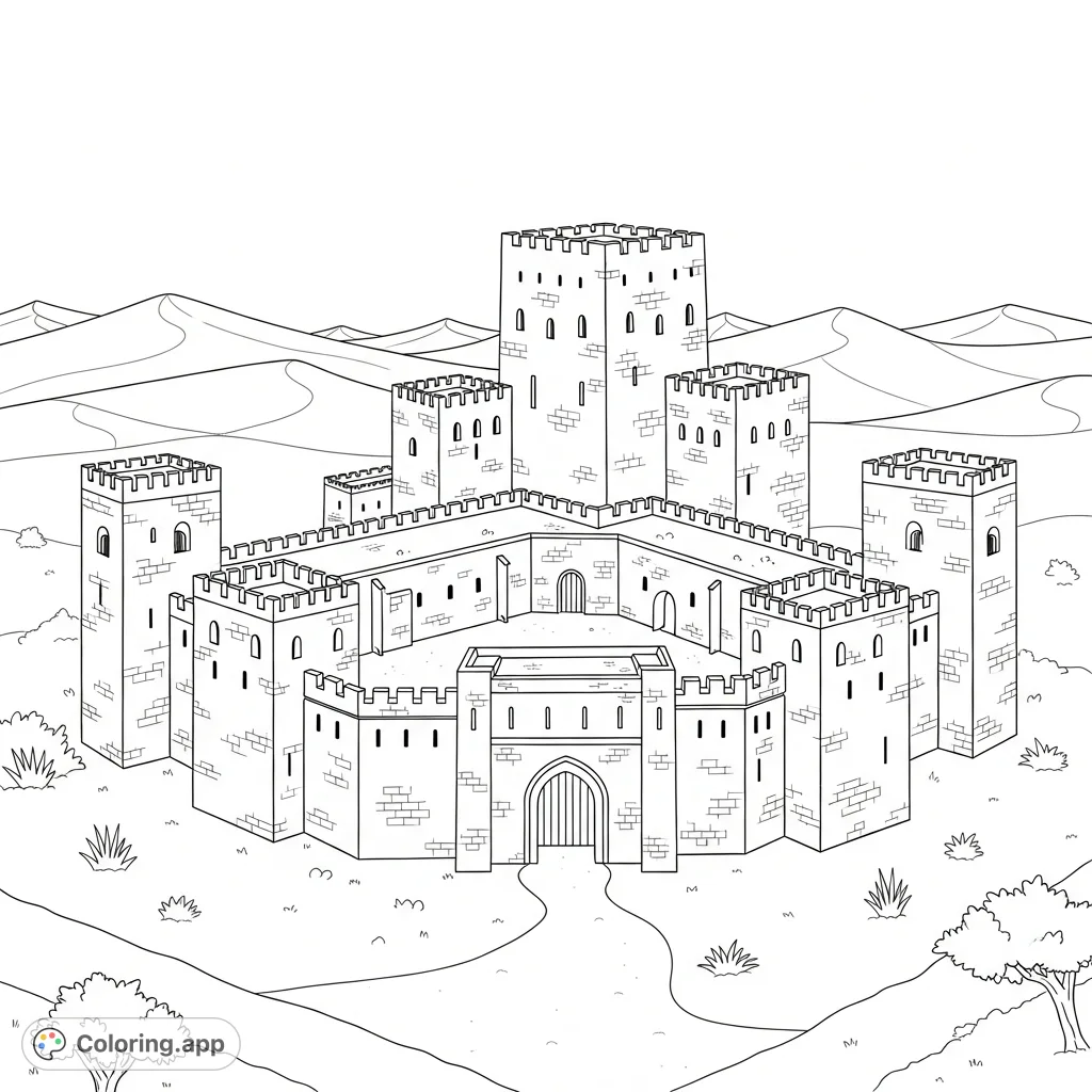 An impressive desert fortress castle with square towers and textured walls, set against a backdrop of minimal sand dunes and sparse desert flora.