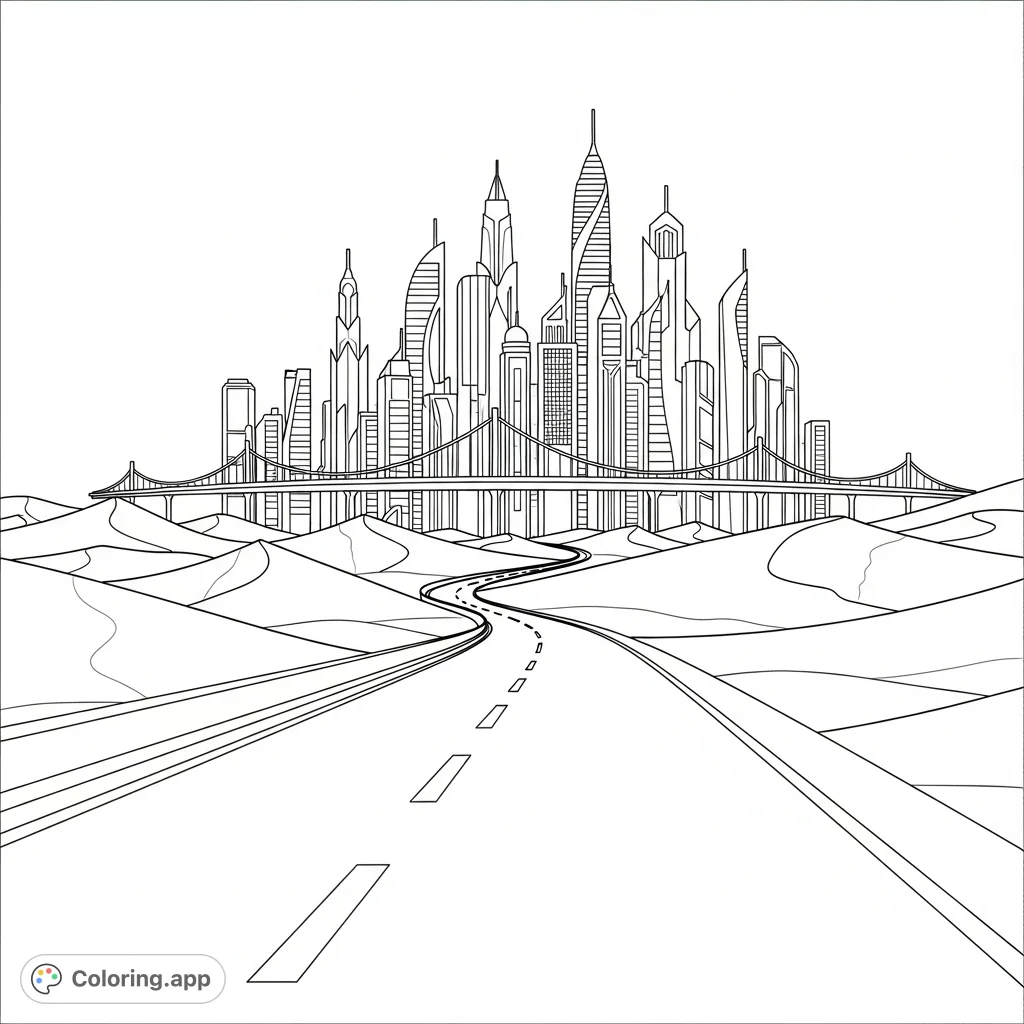 A detailed coloring page featuring a desert highway winding through sand dunes towards a futuristic city skyline with towering structures and sky bridges.