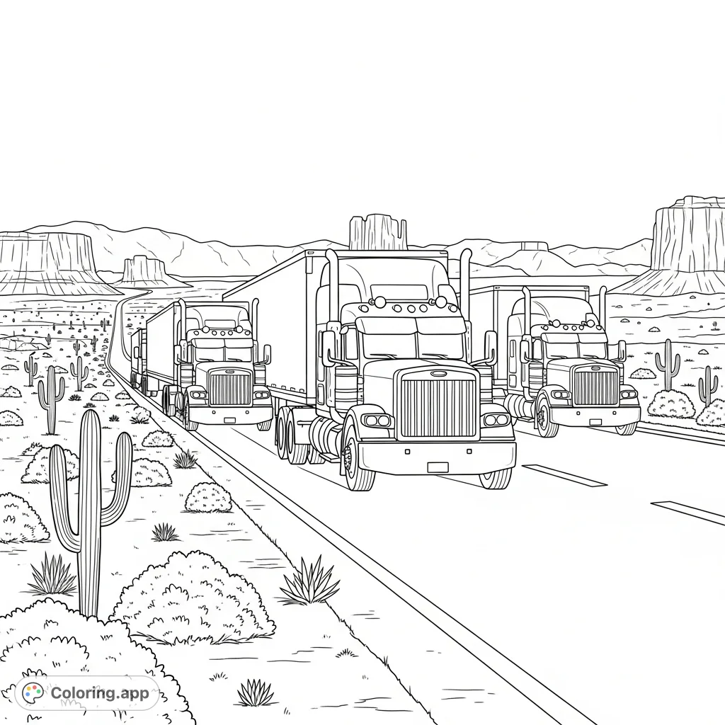 A powerful convoy of three detailed semi trucks traverses a vast, straight desert highway, flanked by cacti and distant mountains, offering a grand journey scene.