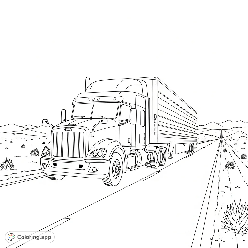 Embark on a desert journey with a powerful semi-truck and its trailer on a long highway, flanked by sparse desert and distant, minimally drawn mountains.