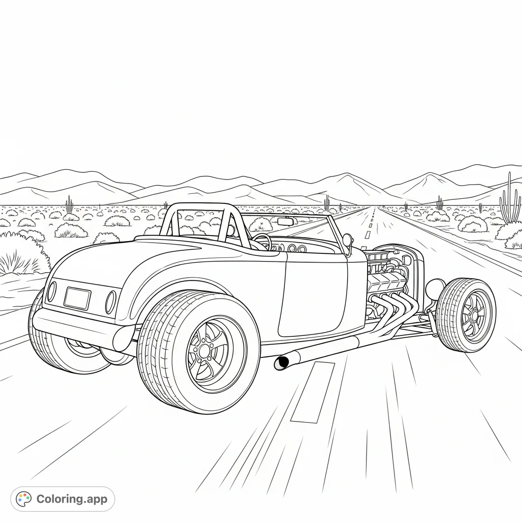 A powerful hot rod roadster with distinctive features like side pipes and oversized rear wheels, parked on a vast, open desert road scene.