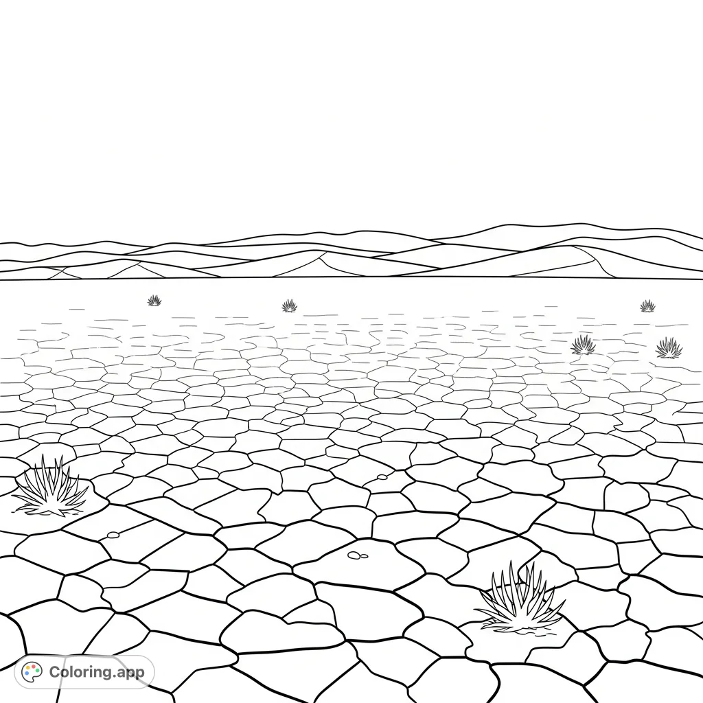 Explore the beauty of arid landscapes with this intricate desert lakebed coloring page. Simplified cracked earth patterns invite mindful coloring and creative expression.