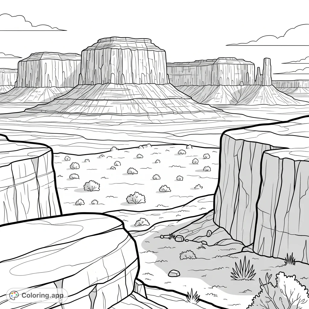Explore a serene desert mesa scene featuring towering plateaus, sparse desert flora, and prominent foreground rocks, offering a majestic landscape.