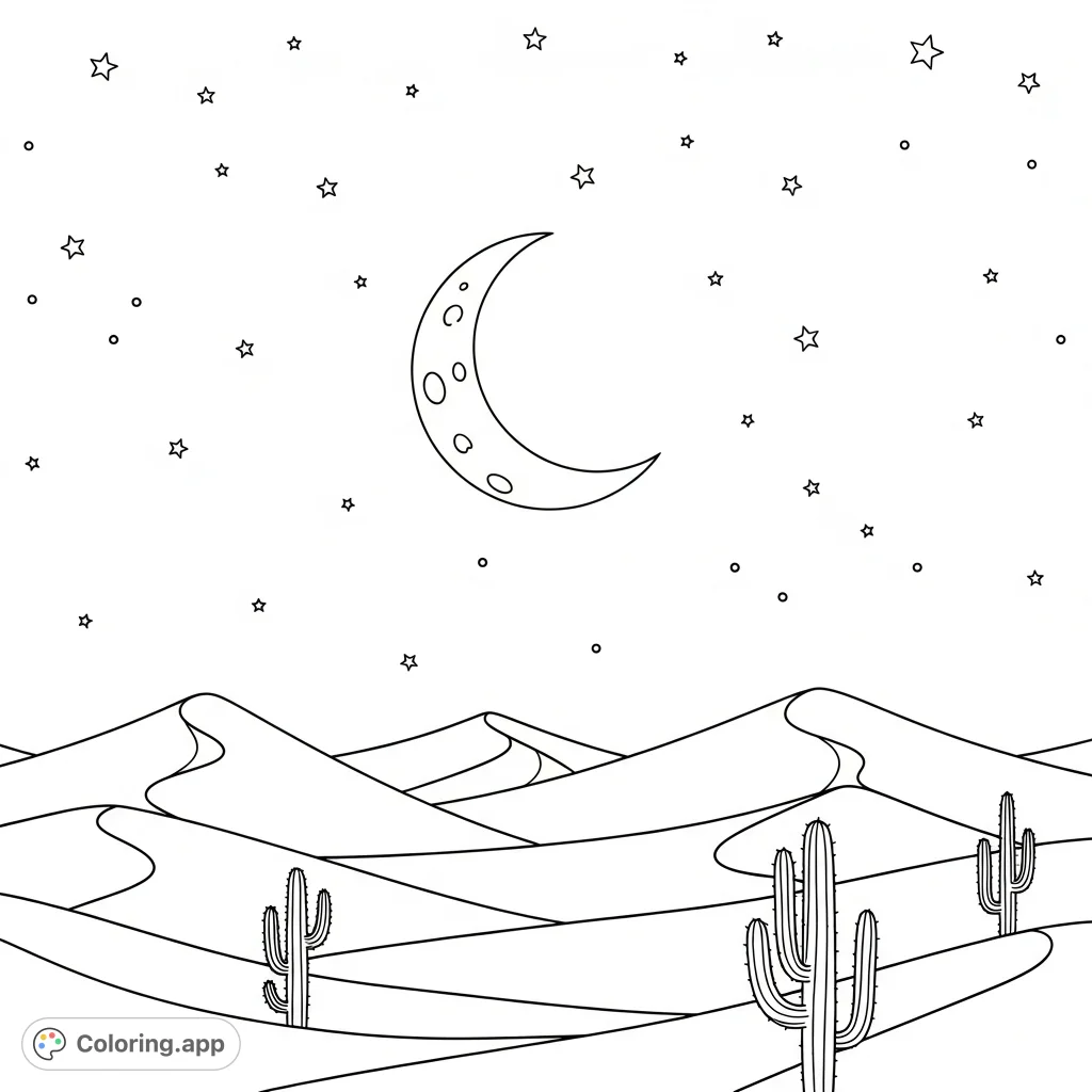 A tranquil desert night scene featuring a slender crescent moon and a star-studded sky above sweeping, silhouetted dunes and solitary cacti.