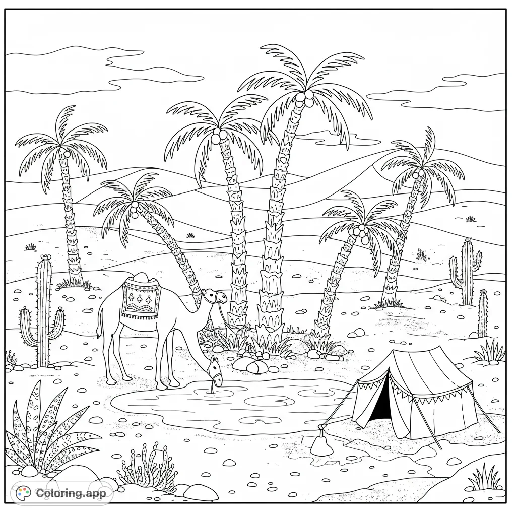 Explore a tranquil desert oasis featuring a camel drinking from a pond, surrounded by tall palm trees, a cozy tent, and desert flora. A captivating scene for all ages.