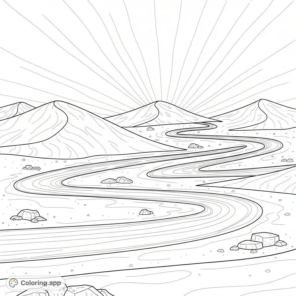 Navigate a thrilling desert race track winding through towering sand dunes. Subtle wavy lines suggest heat, adding to the challenging, arid environment.