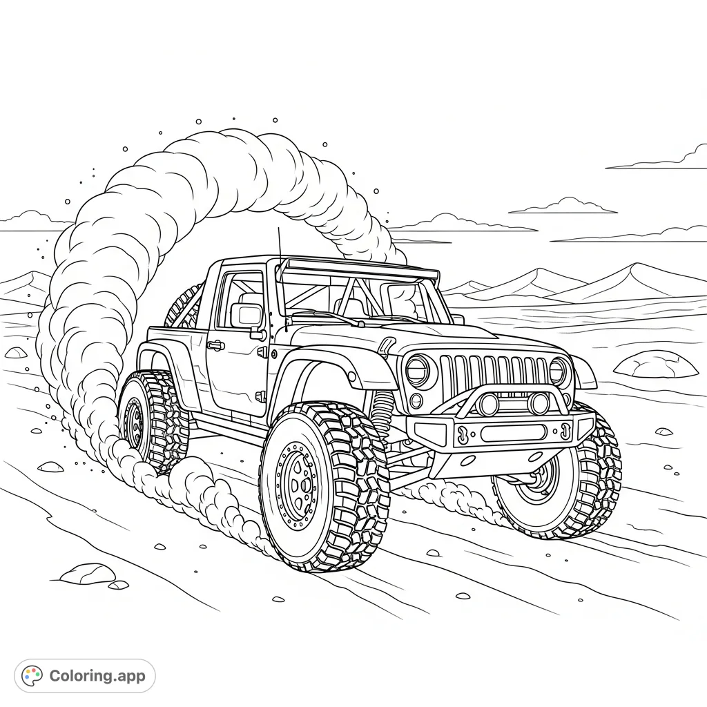 A powerful Jeep-inspired desert racer tears through the open desert, kicking up a dramatic cloud of sand and dust. A thrilling off-road adventure scene.