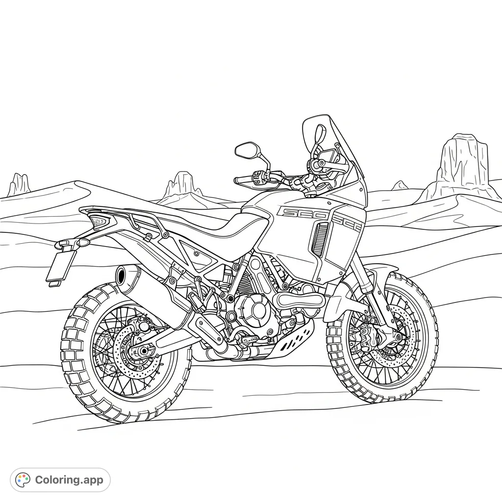 A rugged rally bike ready for adventure, featuring a tall windscreen, off-road tires, and a simplified desert landscape. Perfect for motorcycle enthusiasts.