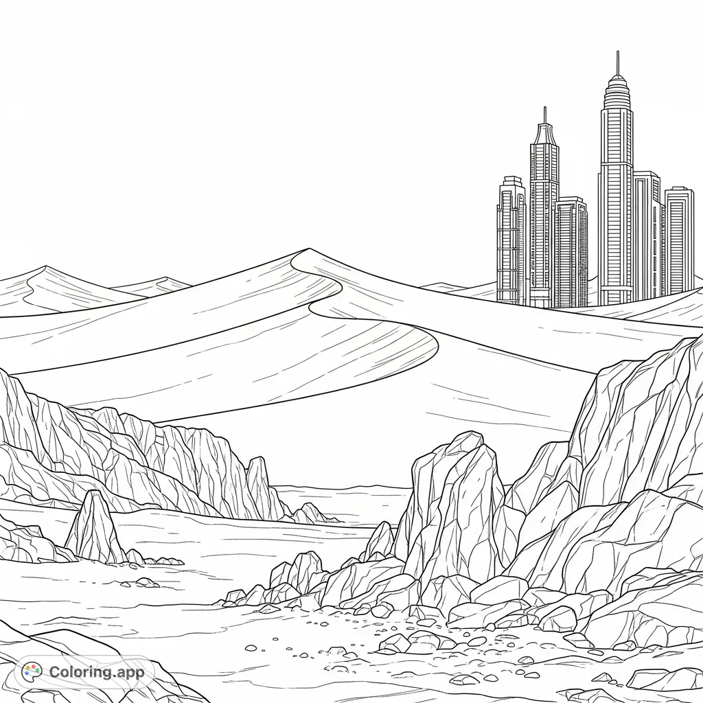 Explore a unique desert landscape featuring a prominent dune ridge and rocky outcrops, contrasted by sleek, modern towers on the distant horizon.