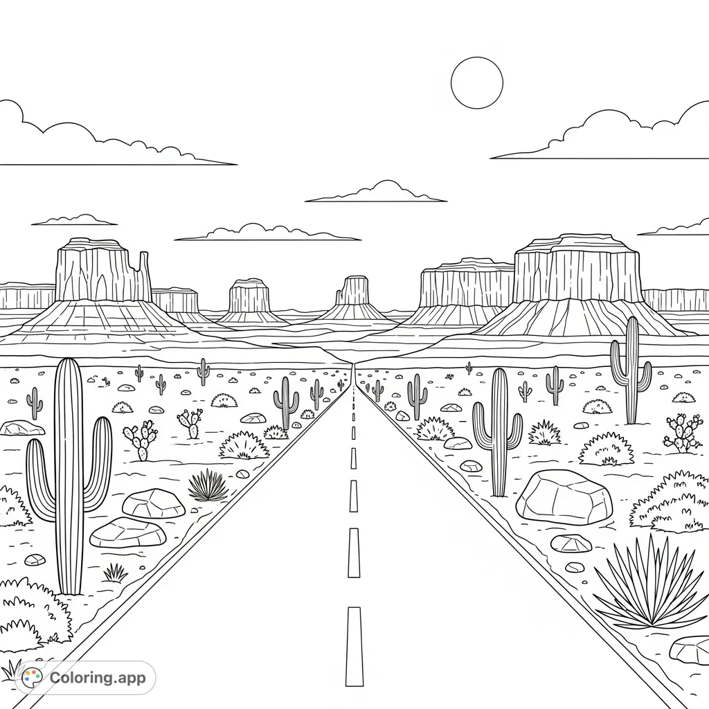 An expansive desert scene featuring a long, straight road leading towards majestic mesas under a vast, open sky, with scattered cacti and rock formations.