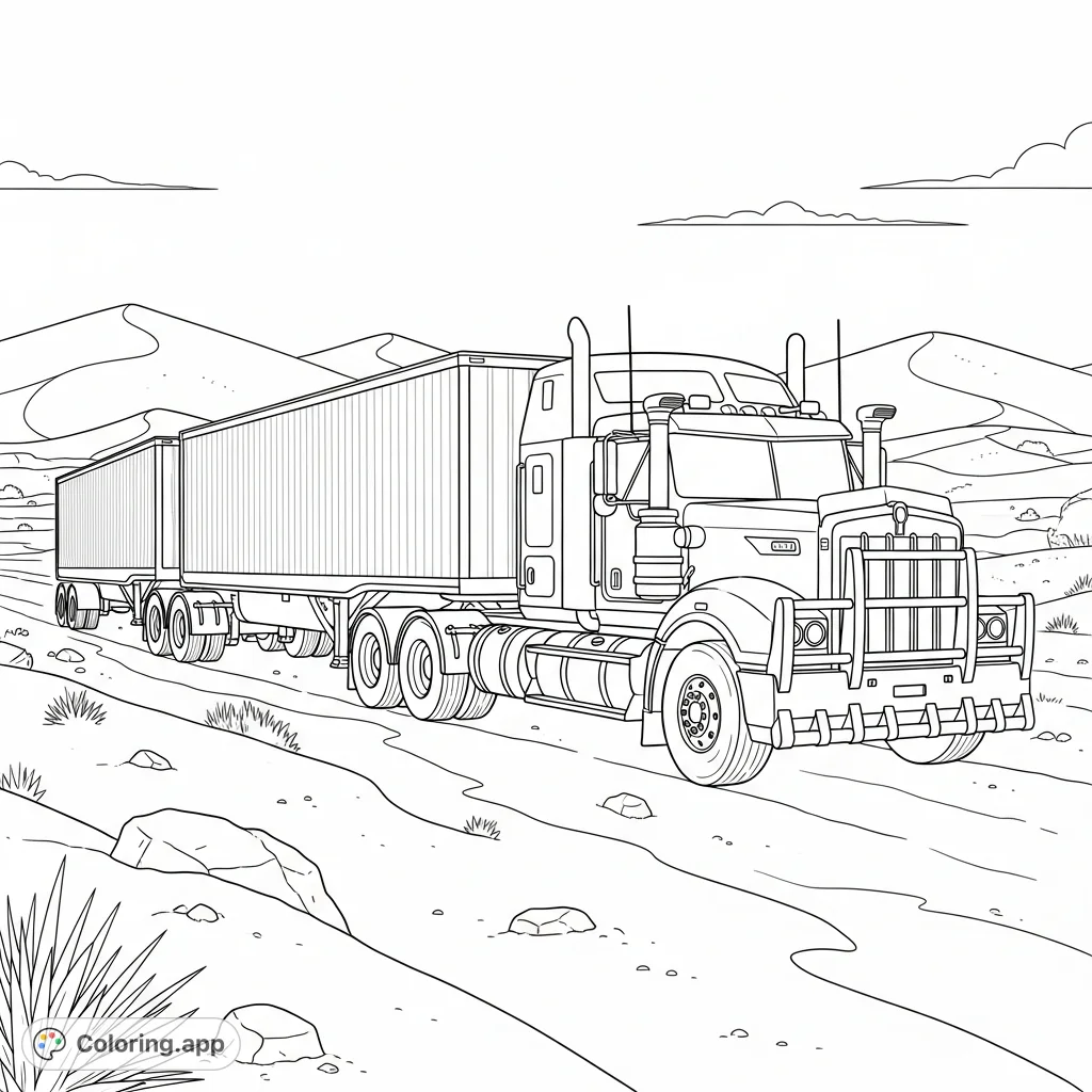 A rugged double-trailer road train traverses vast desert dunes, an epic journey through an arid landscape. Perfect for adventure and vehicle enthusiasts.
