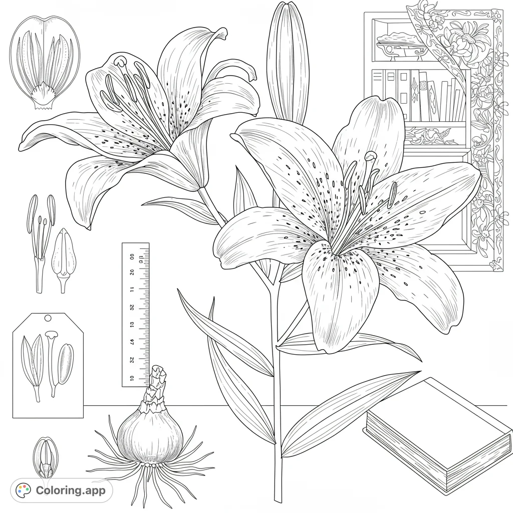 Explore a detailed botanical lily coloring page featuring two blooming flowers, a bud, and scientific diagrams, perfect for nature lovers.