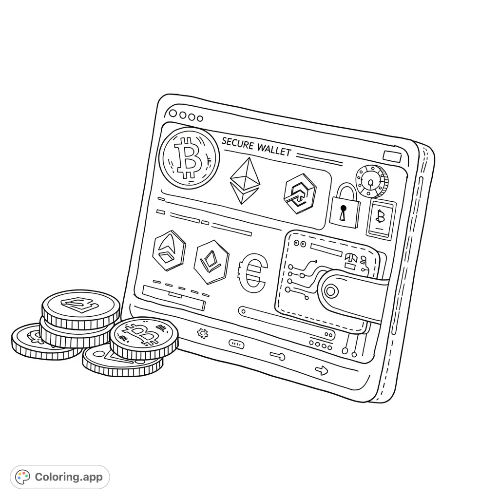 Explore a secure digital wallet with crypto coins and symbols. A free printable cryptocurrency coloring page for tech enthusiasts and all ages.