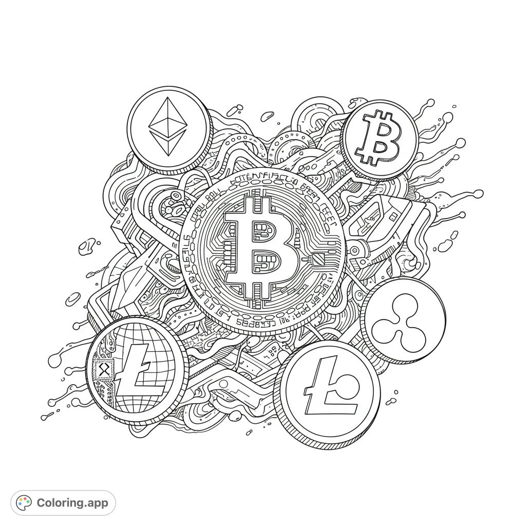 An intricate cryptocurrency coloring page featuring Bitcoin, Ethereum, Ripple, and Litecoin coins amidst a dynamic, abstract tech-inspired background. Perfect for digital finance enthusiasts.