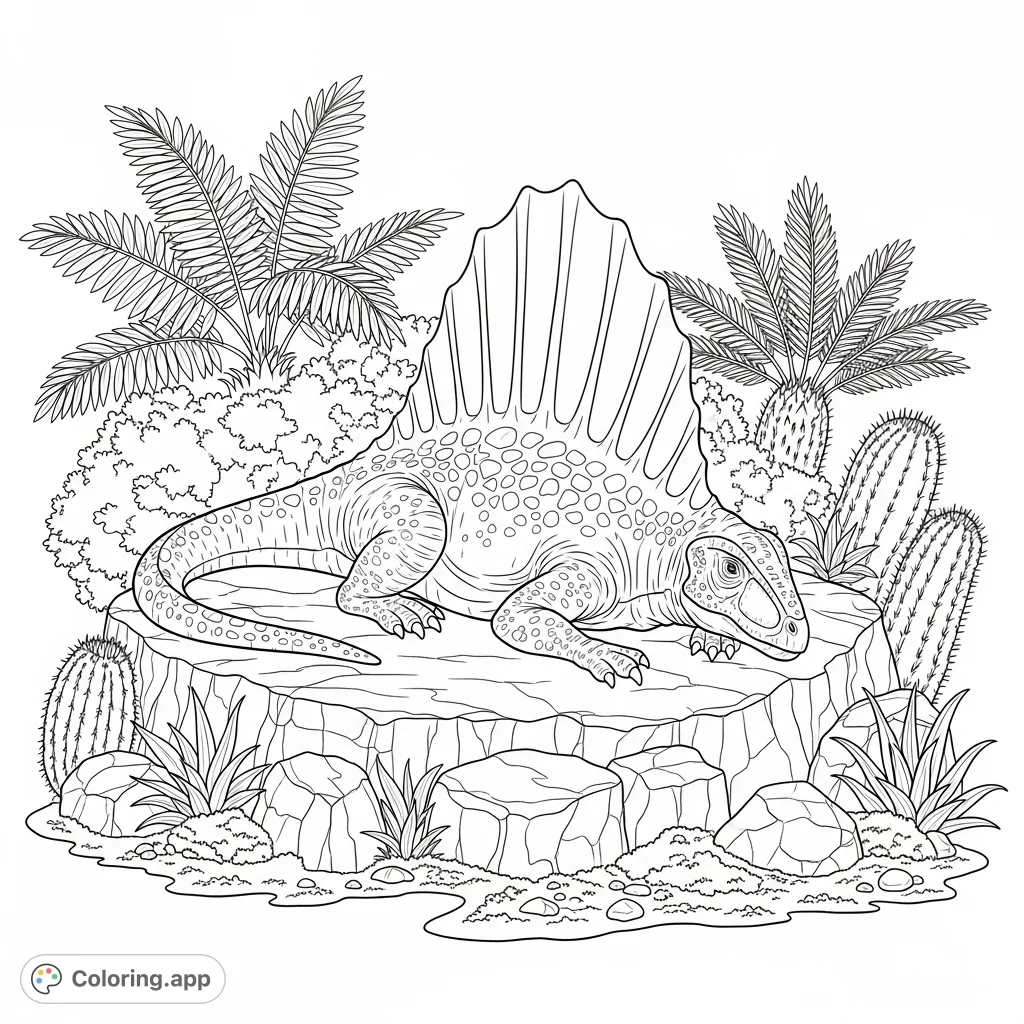 A detailed dimetrodon rests on textured rocks, its magnificent sail clearly defined, amidst a dense array of prehistoric ferns and ancient flora.