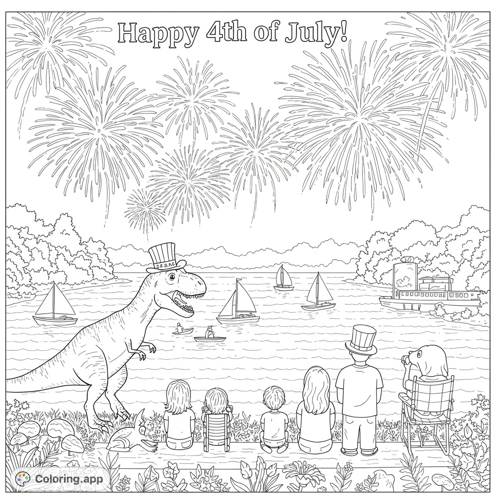 A fun 4th of July coloring page featuring a dinosaur in a top hat, a family, and a dog watching vibrant fireworks over a lake with sailboats.