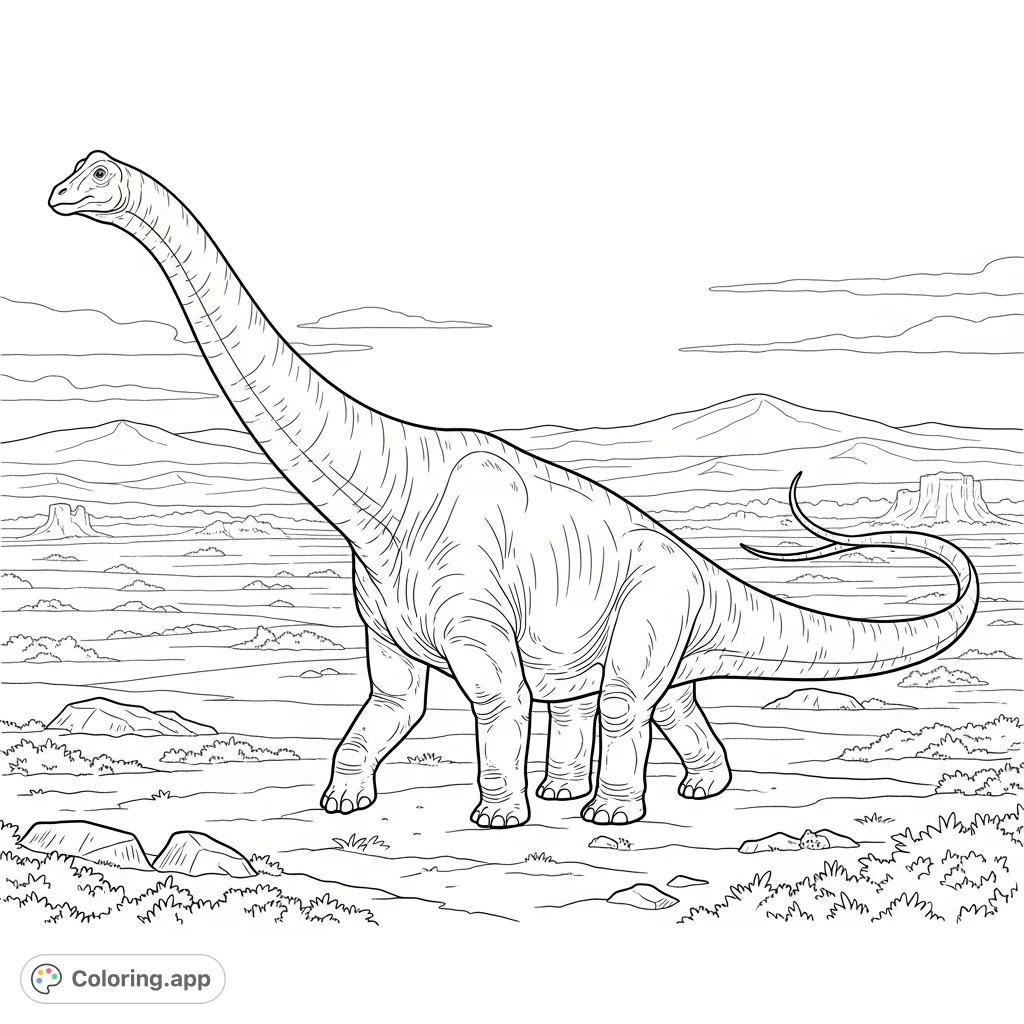 Color a magnificent Diplodocus traversing vast prehistoric plains, with its long neck reaching and tail curving. Distant hills complete this ancient landscape scene.