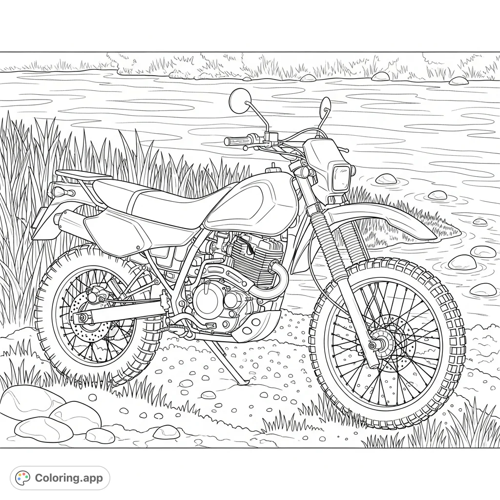 A detailed coloring page featuring a rugged dirt bike parked on a riverbank with simplified water ripples and natural elements. Perfect for adventure lovers.