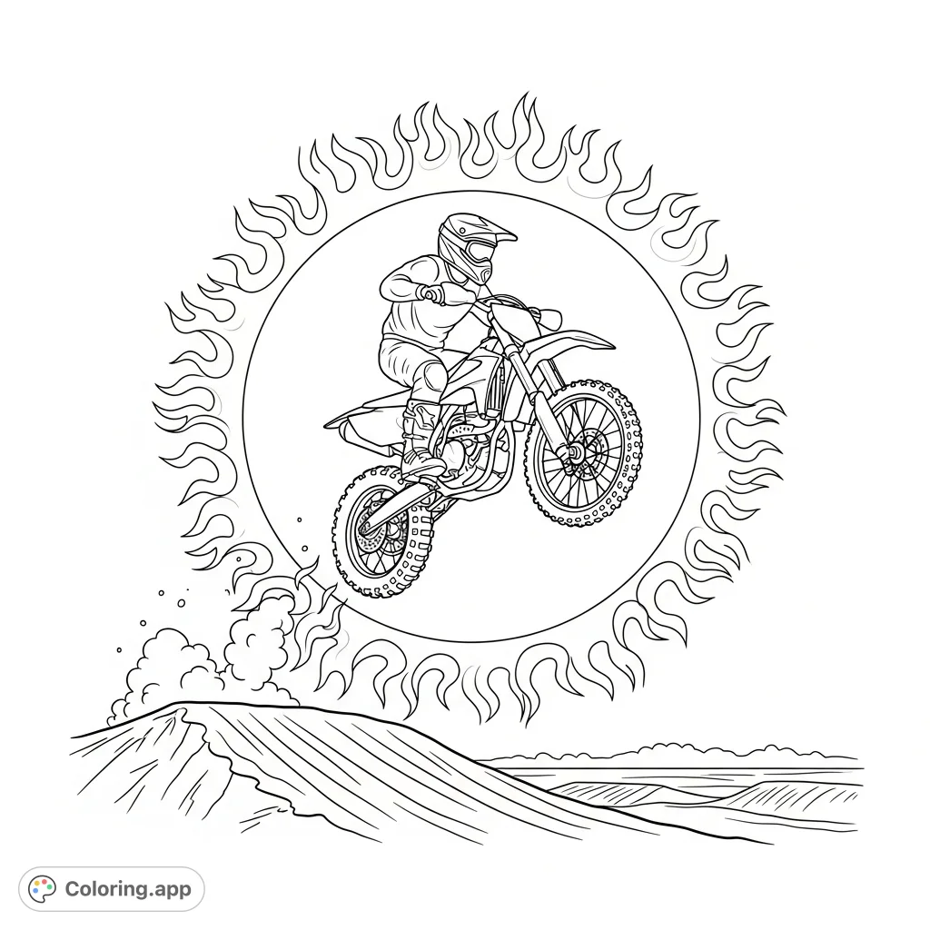 An action-packed page featuring a dirt bike mid-air, soaring through a dramatic ring of stylized flames. Perfect for extreme sports fans to color with excitement.
