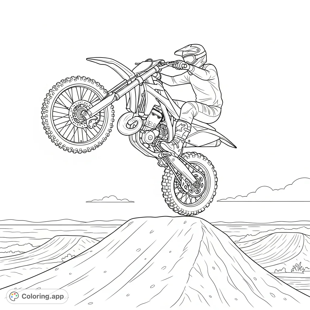 Experience the thrill of a dirt bike mid-air, performing an impressive high jump over a ramp. A dynamic scene for speed enthusiasts to color.