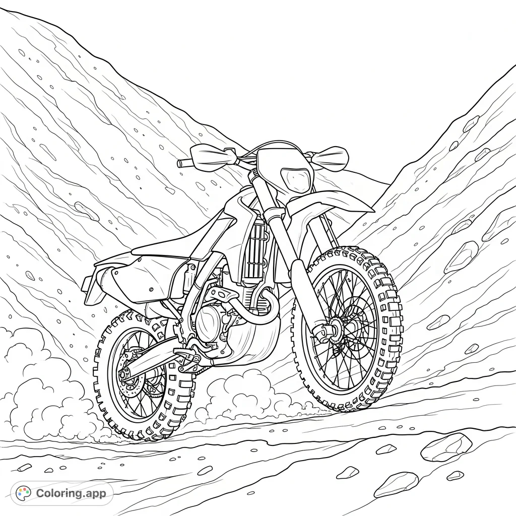 Dynamic dirt bike conquering a steep hill. Emphasized knobby tires and minimal dust create a thrilling scene for an exciting coloring adventure.
