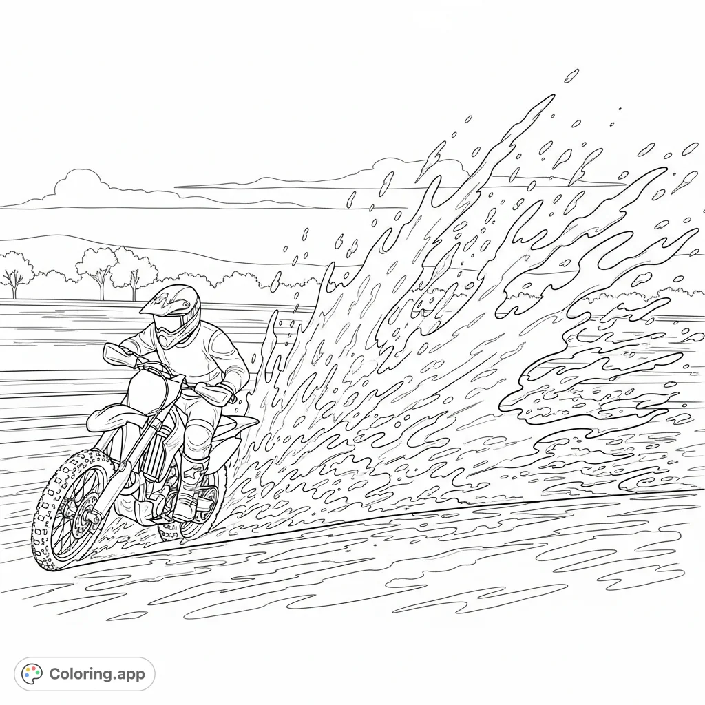 Experience the thrill of off-road racing! A powerful dirt bike blasts through a muddy patch, sending dynamic, coloring-friendly splatters flying.