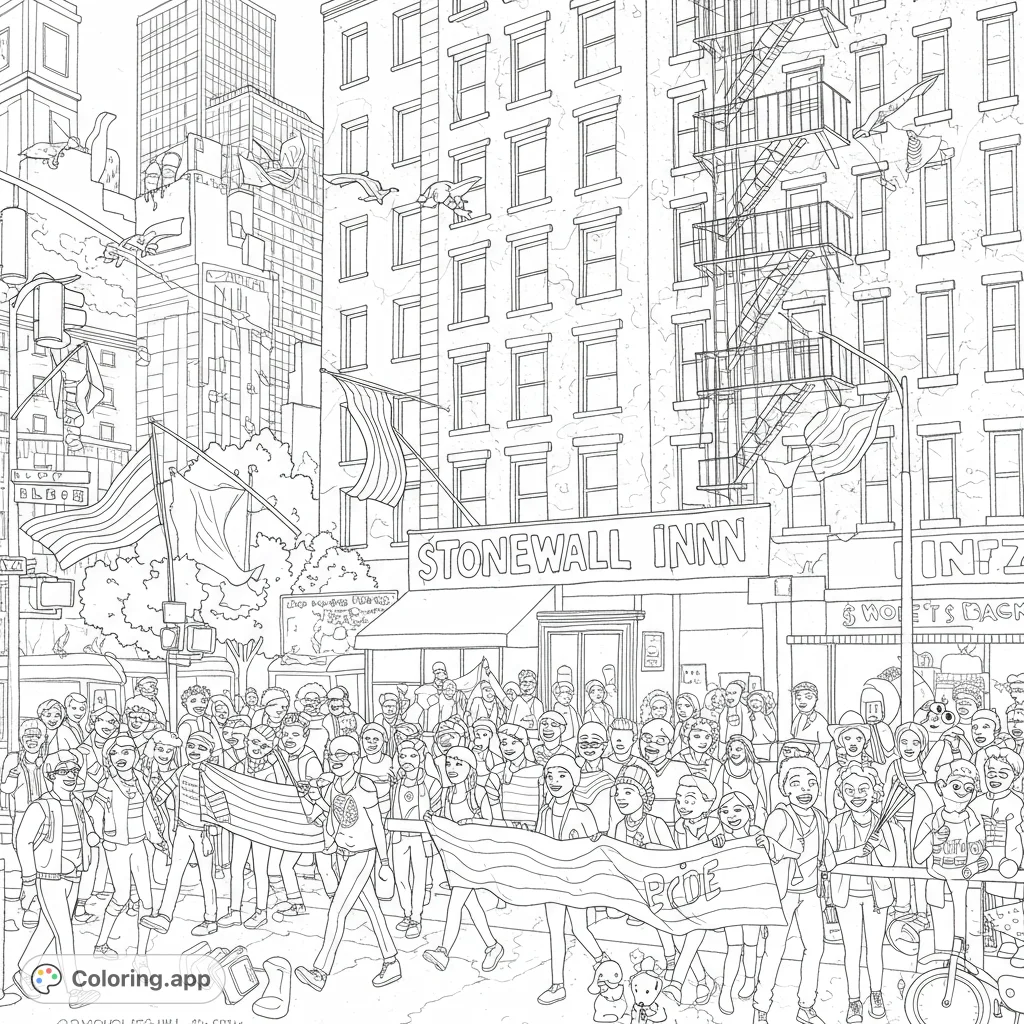 Celebrate diversity with this detailed street parade coloring page. Features a joyful crowd, historic buildings, and whimsical elements for a vibrant scene.