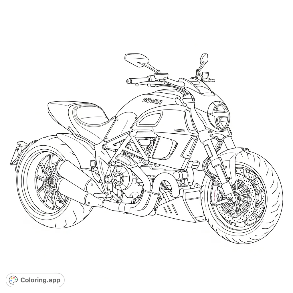 Color a robust Diavel-inspired power cruiser. Features a wide rear tire, muscular frame, exposed engine, and aggressive styling.