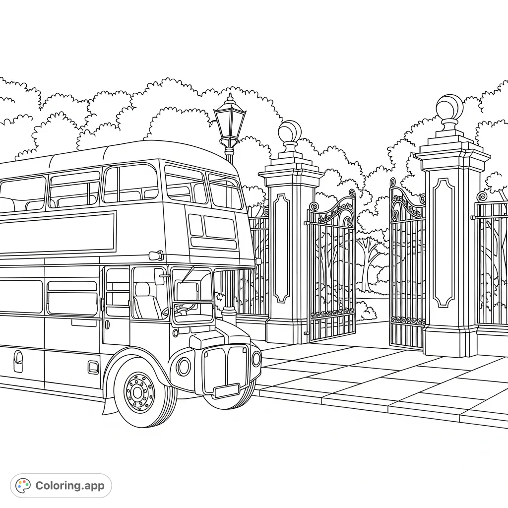 Color a charming double-decker bus parked beside an ornate park entrance with lush trees and a classic lamppost. Perfect for travel enthusiasts.