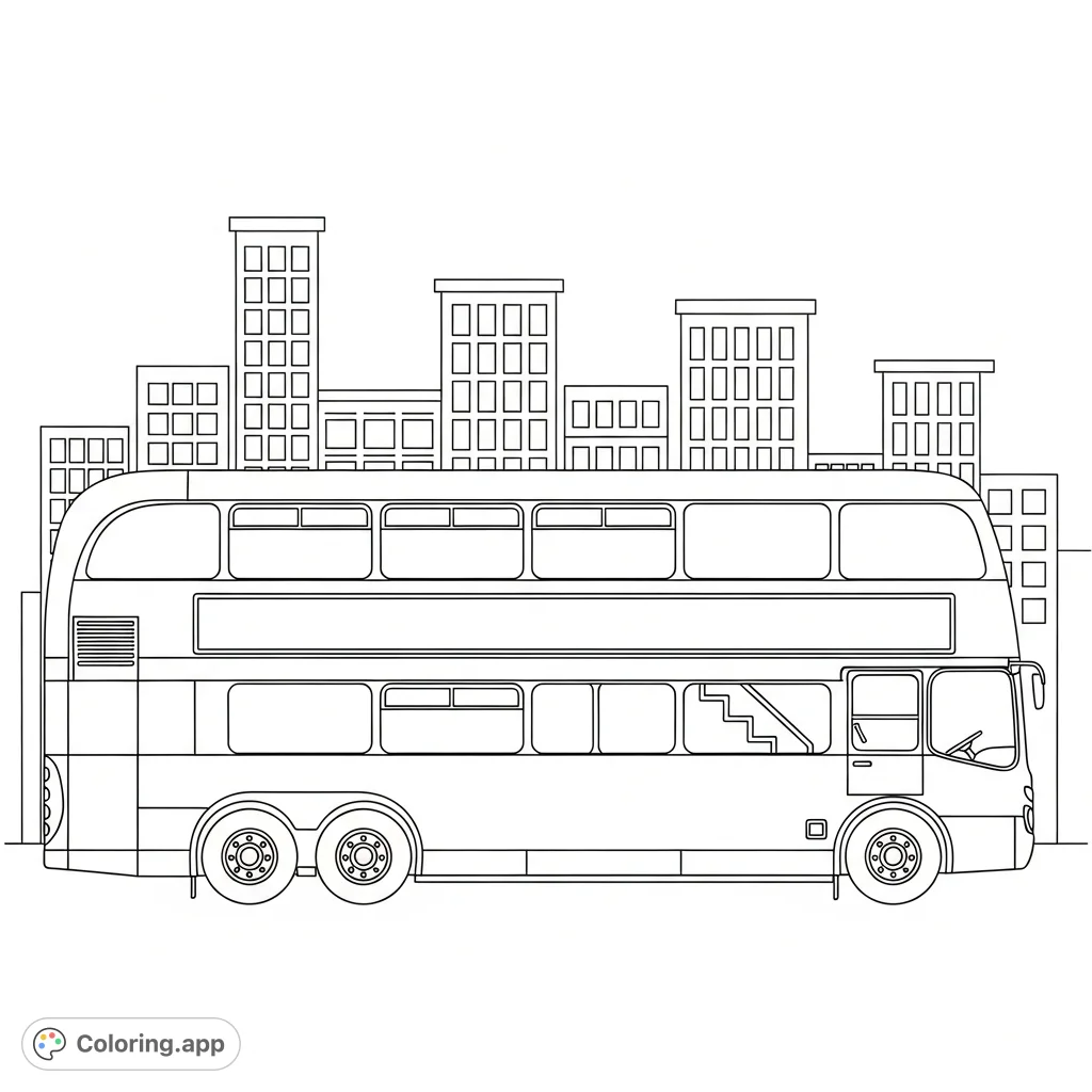 Color a classic double-decker bus in a bustling city setting. Features a bus in side profile with simple stair indication and a minimal skyline.