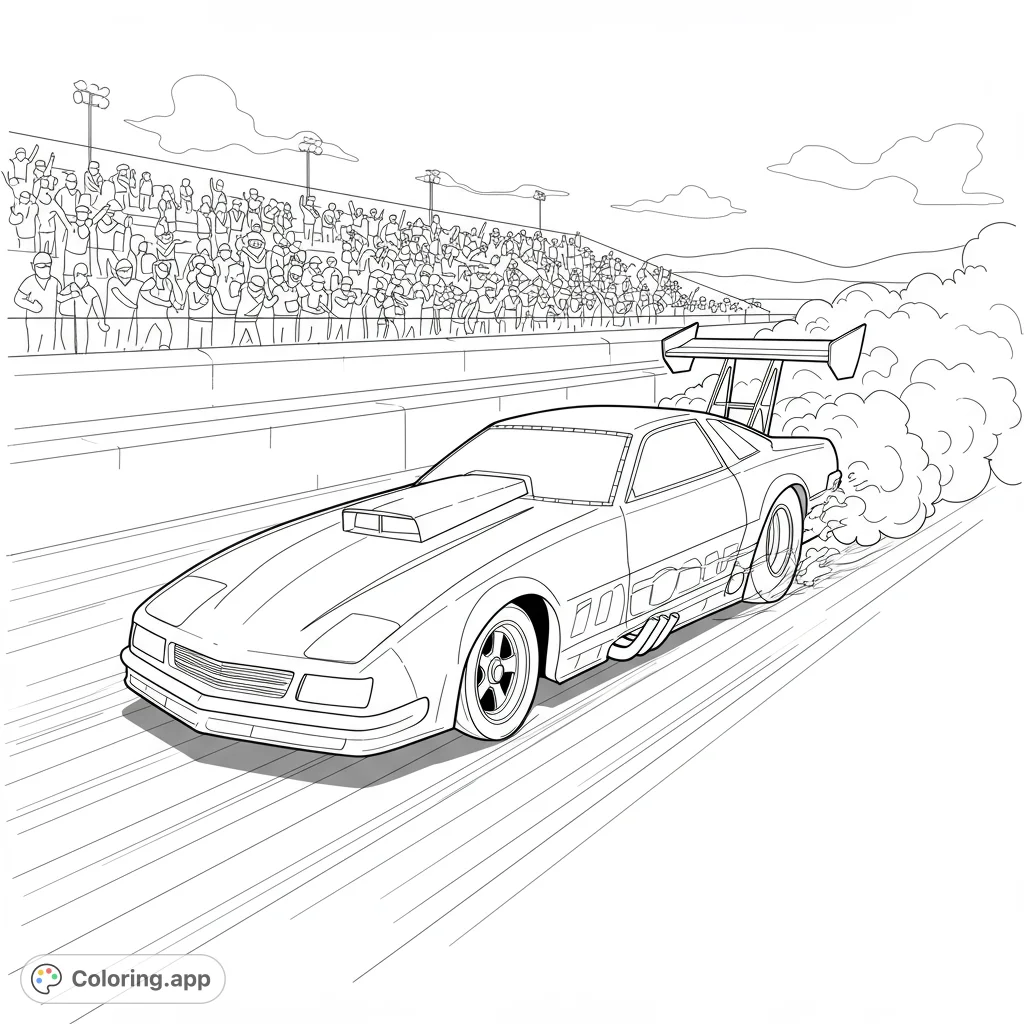Thrill to a dynamic drag race car speeding down the track, leaving a smoke trail, with cheering spectators. A thrilling free printable coloring page.