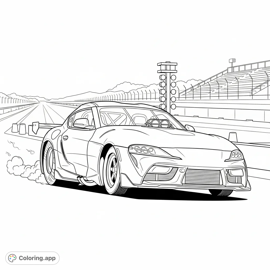 A high-performance, Supra-inspired drag car launches from the starting line, its powerful stance and custom details captured for an exhilarating coloring experience.