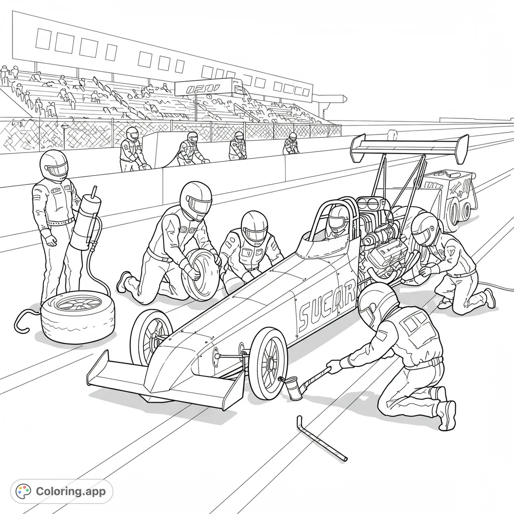 Dynamic drag racing pit crew scene with a sleek dragster, mechanics in action, and grandstands, perfect for speed enthusiasts.