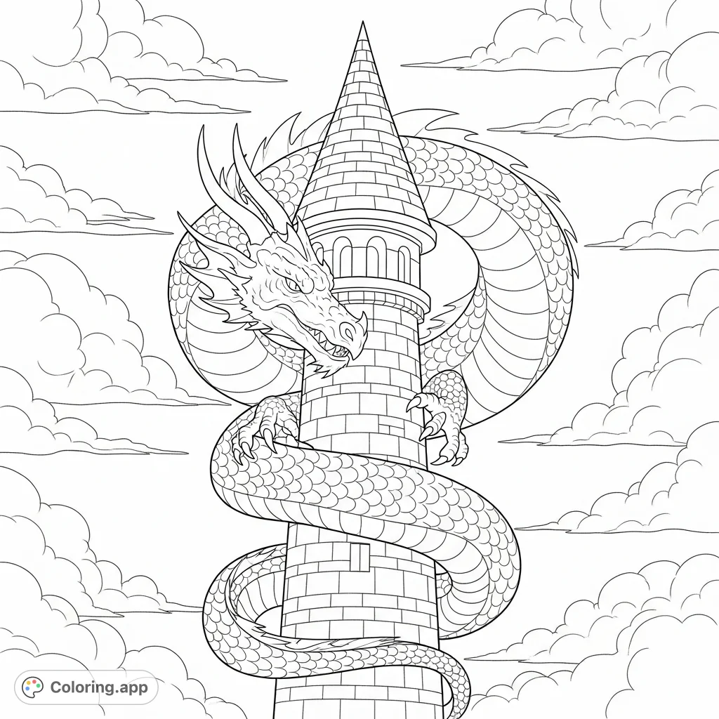 A magnificent dragon coils around a tall wizard tower with simplified stone textures, set against a backdrop of swirling clouds. A grand fantasy scene!