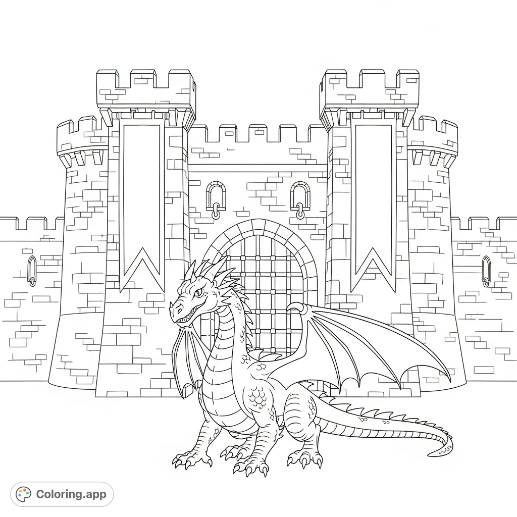 A majestic dragon stands sentinel before a grand castle gate, flanked by tall banners. Simplified medieval details offer a captivating coloring experience.