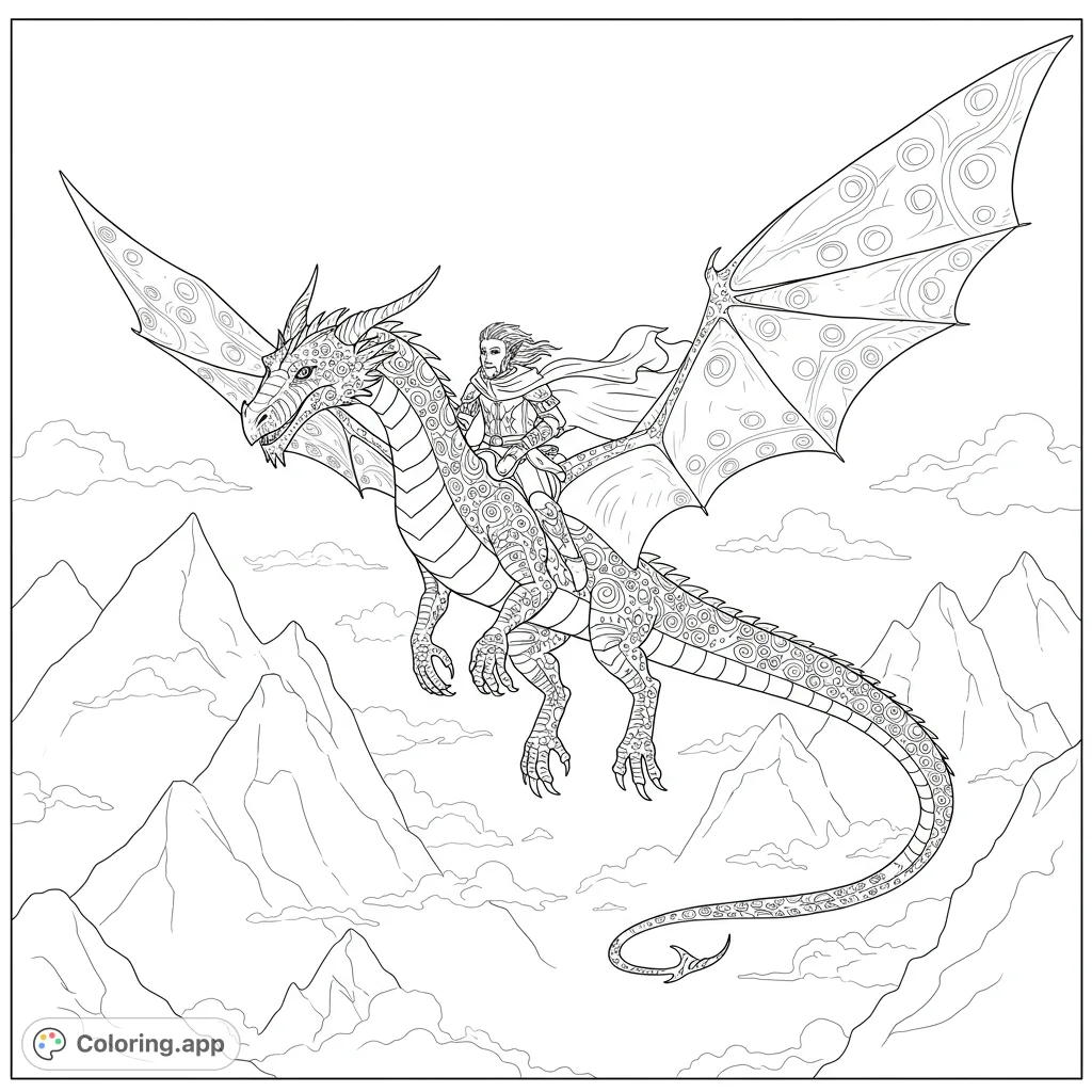 A majestic dragon and its rider soar above detailed mountains and clouds. Features intricate patterns for a captivating fantasy coloring page adventure.