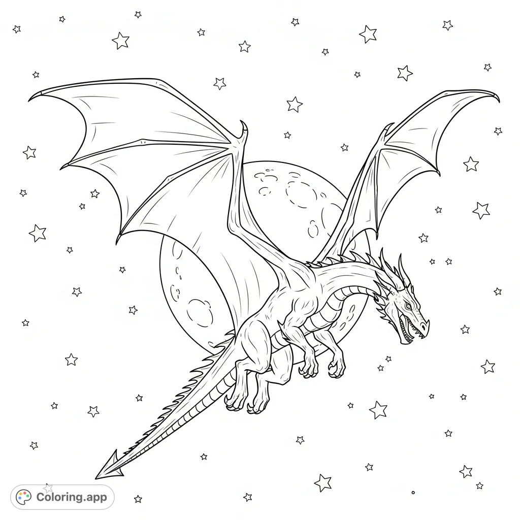 A majestic dragon in flight, silhouetted against a luminous full moon amidst a starry night sky. Intricate details invite imaginative coloring.