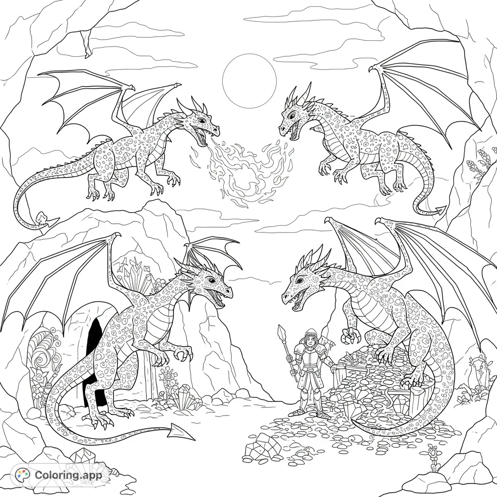 An epic fantasy dragon coloring page featuring four majestic dragons, a brave knight, and a hoard of treasure within a mystical cavern.
