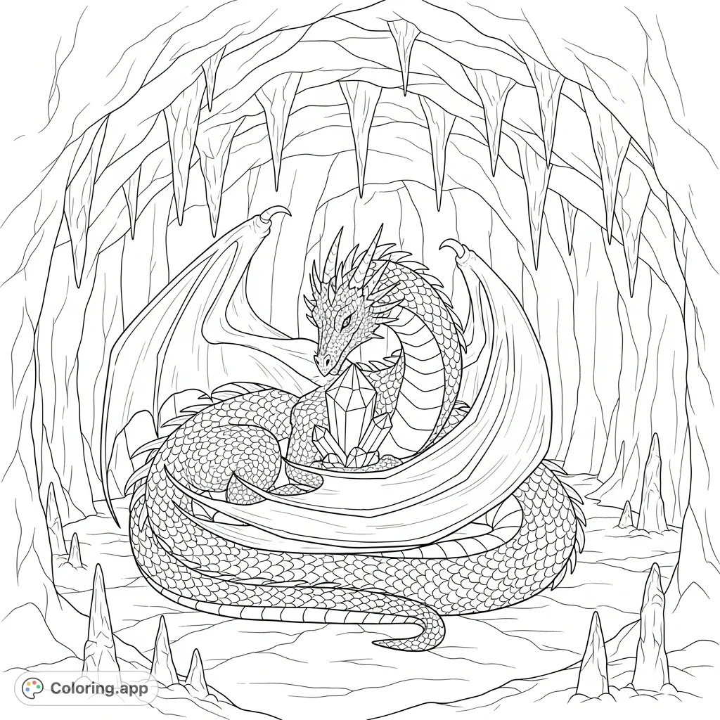 A magnificent dragon coils protectively around a shimmering, multifaceted crystal within a deep cavern, surrounded by textured walls and intricate stalactites.