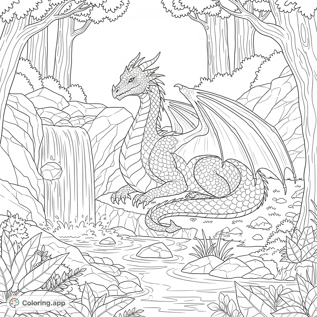 A majestic dragon finds solace beside a grand waterfall in a dense, ancient forest. Intricate scales, flowing water, and varied foliage await your creative touch.