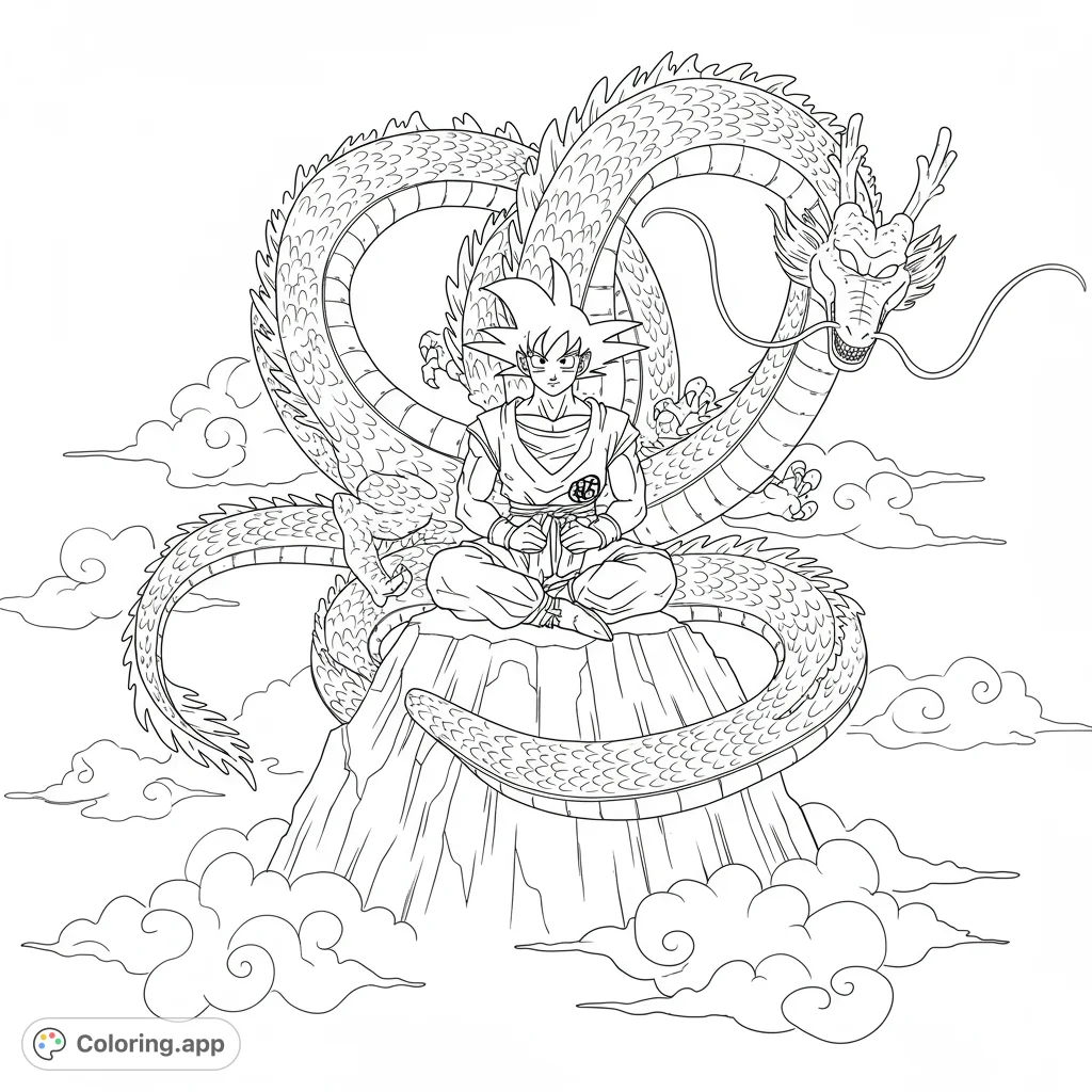 An epic anime-inspired coloring page featuring a meditating hero atop a mountain, encircled by a majestic dragon and clouds. Free printable for fans!