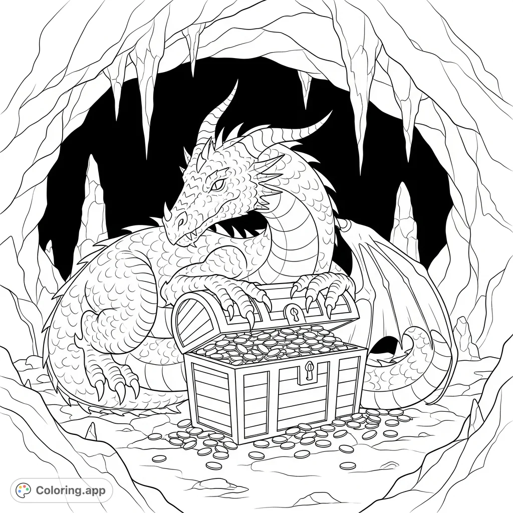 A magnificent dragon fiercely guards an overflowing treasure chest within a dark, intricate cavern, surrounded by glittering gold coins.