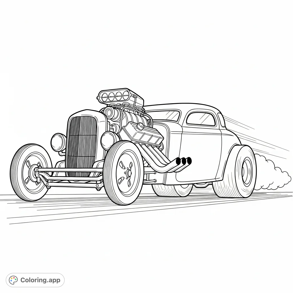 Experience the thrilling power of a dragster-inspired hot rod, captured mid-acceleration with striking rear tire deformation and detailed engine.