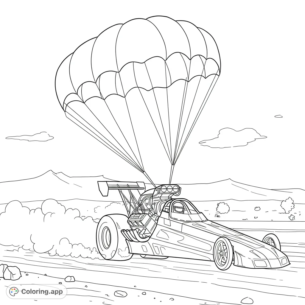 Experience the thrill of speed with this dragster coloring page! A powerful race car deploys its parachute on a dusty track, ready for your vibrant colors.