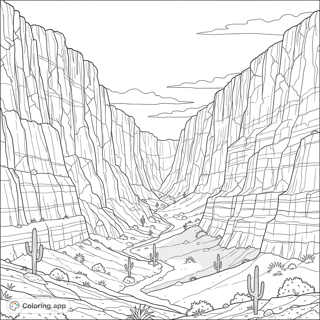 Explore a dramatic desert ravine featuring towering, jagged rock outcrops, intricate geological formations, and sparse desert flora, offering a detailed coloring adventure.