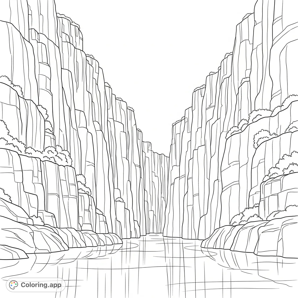 Explore a majestic gorge with towering rock walls and a serene river flowing below. A perfect scene for nature enthusiasts to color.