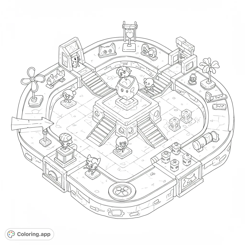 An exciting Battle for Dream Island arena coloring page from an overhead view, featuring distinct zones, pathways, and characters ready for competition. Perfect for fans!