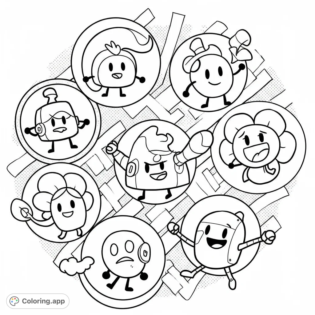 A fun Battle for Dream Island coloring page featuring beloved characters like Dora and Grassy in bold, circular frames, perfect for free printable coloring page fun!