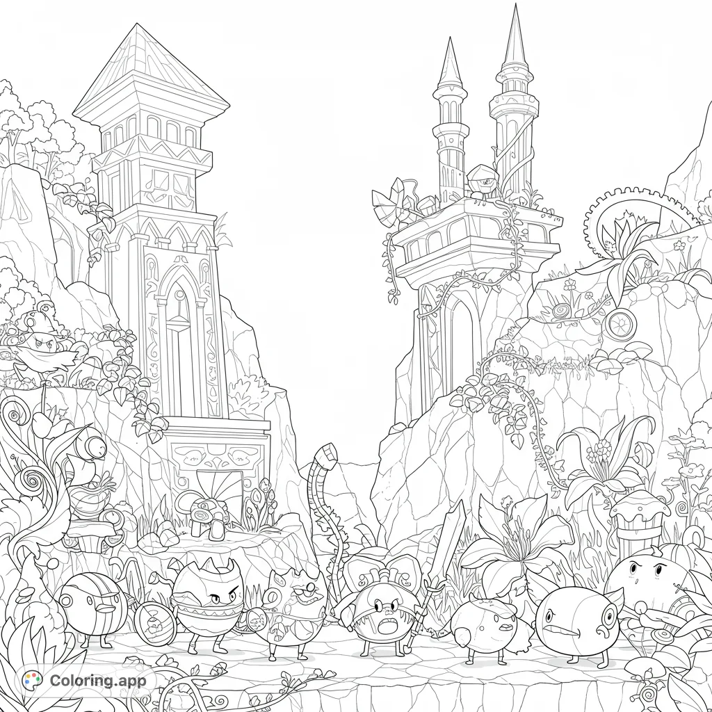 An intricate Battle for Dream Island coloring page featuring a grand low-angle scene with towering structures, detailed characters, and lush plants. A free printable coloring page for fans!