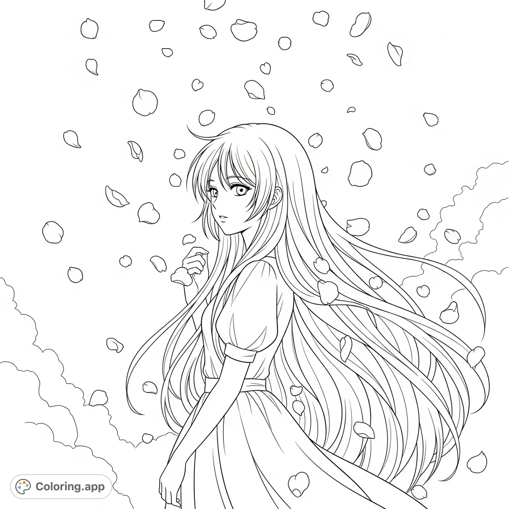 Color a dreamy anime girl with long flowing hair, surrounded by delicate floating petals and a soft, ethereal background, perfect for calm creativity.
